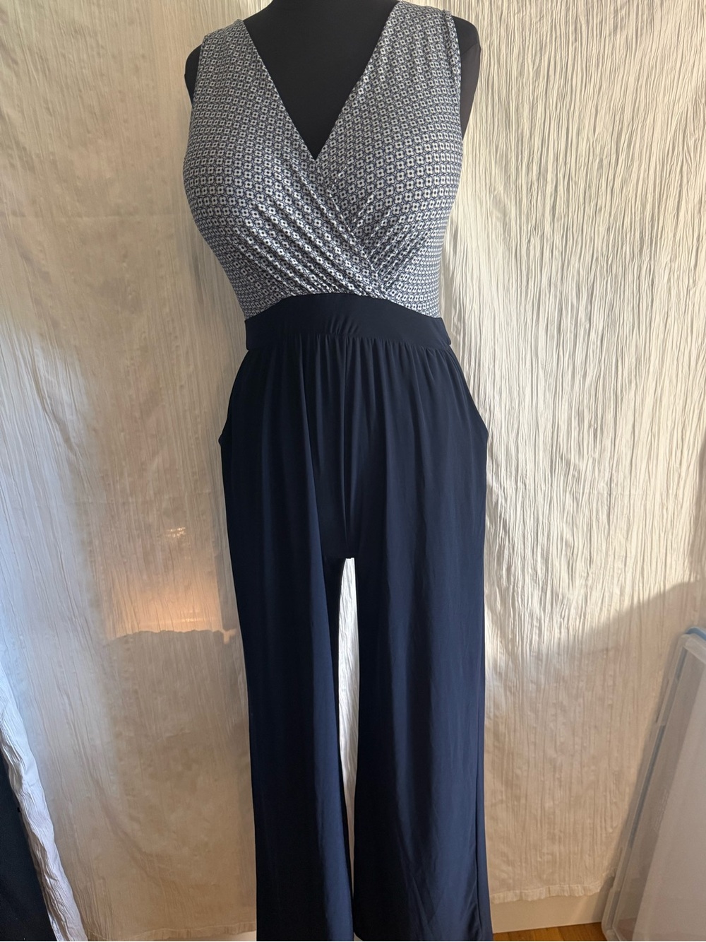 Kaileigh Navy & White Sleeveless Wrap Jumpsuit